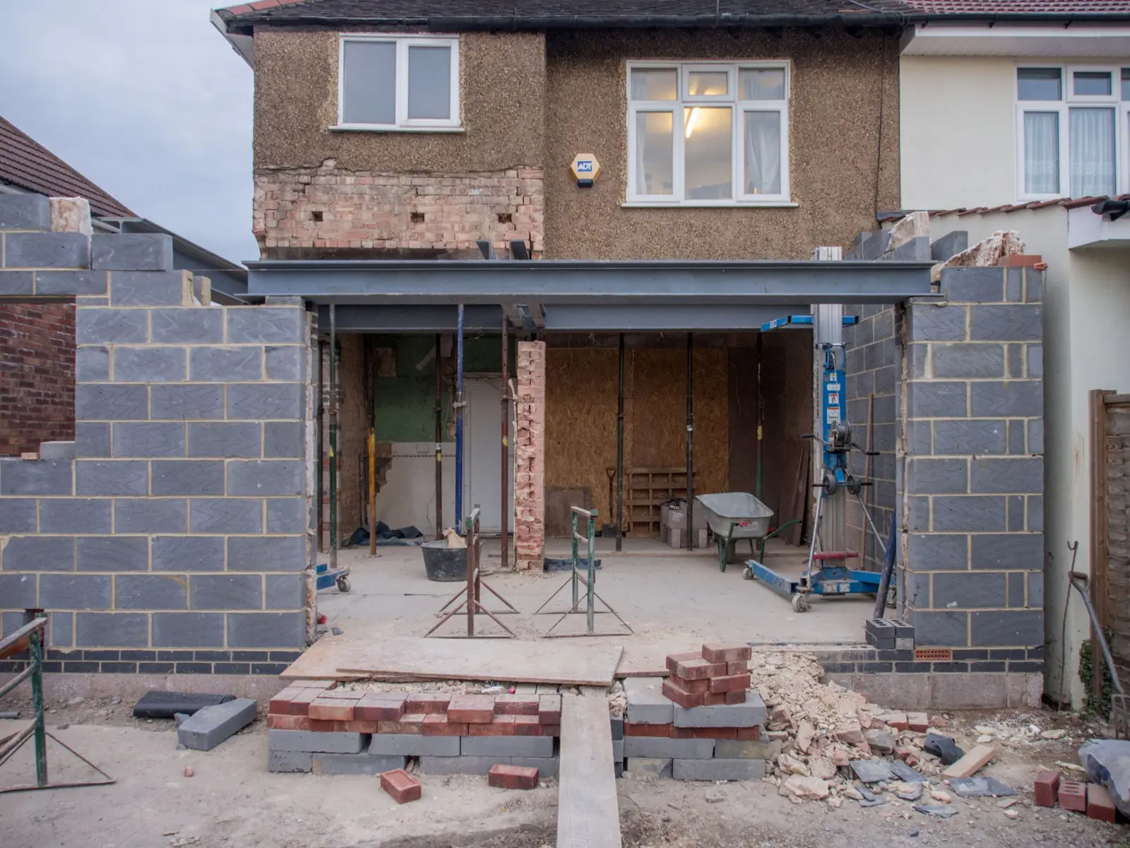 Rear house extension under construction in blockwork